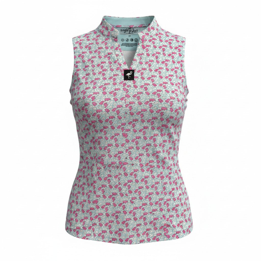 Women's frosted animal cookies sleeveless golf polo by Logie Joe's Golf, moisture-wicking performance top on ghost mannequin.