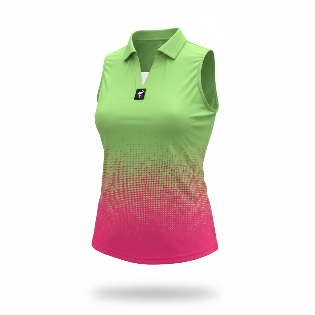 Women's watermelon sunset golf polo by Logie Joe's Golf, performance stretch athletic shirt with moisture-wicking fabric.
