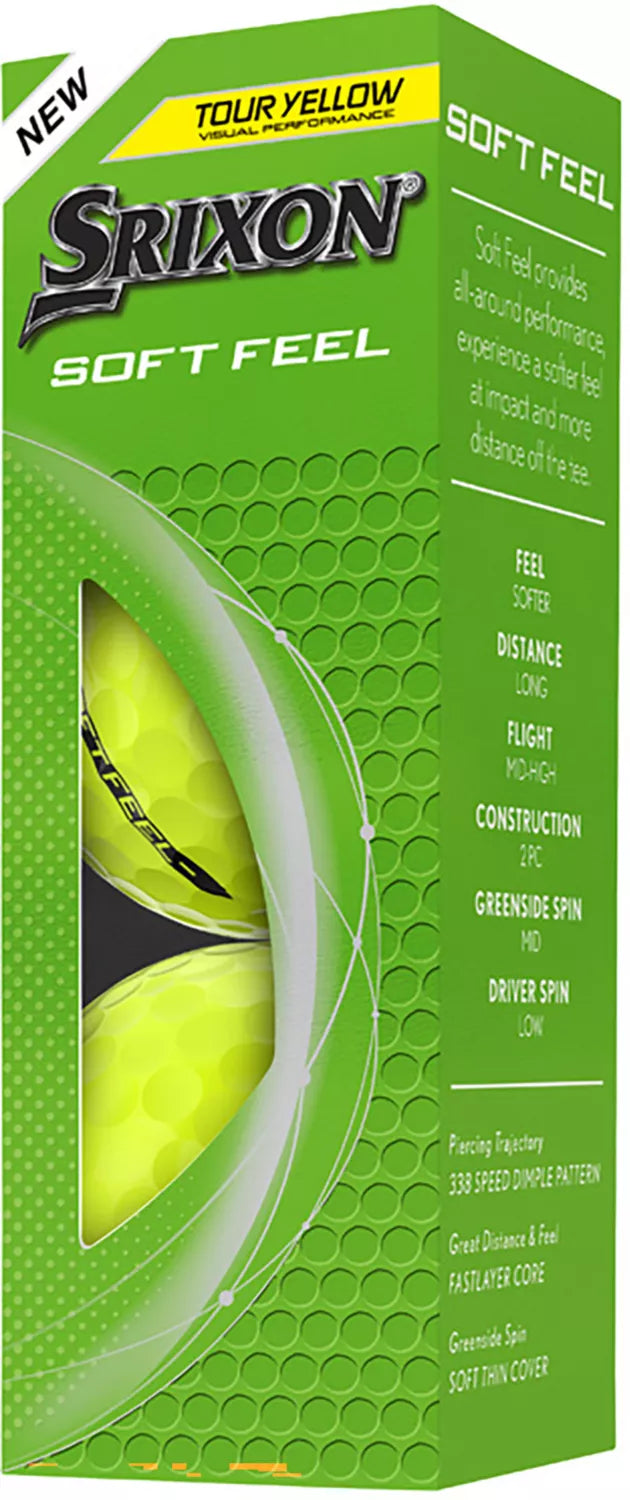 Srixon 2025 Soft Feel golf balls by ParWestGolf, showing a close-up of the white golf balls with branding and textured surface.