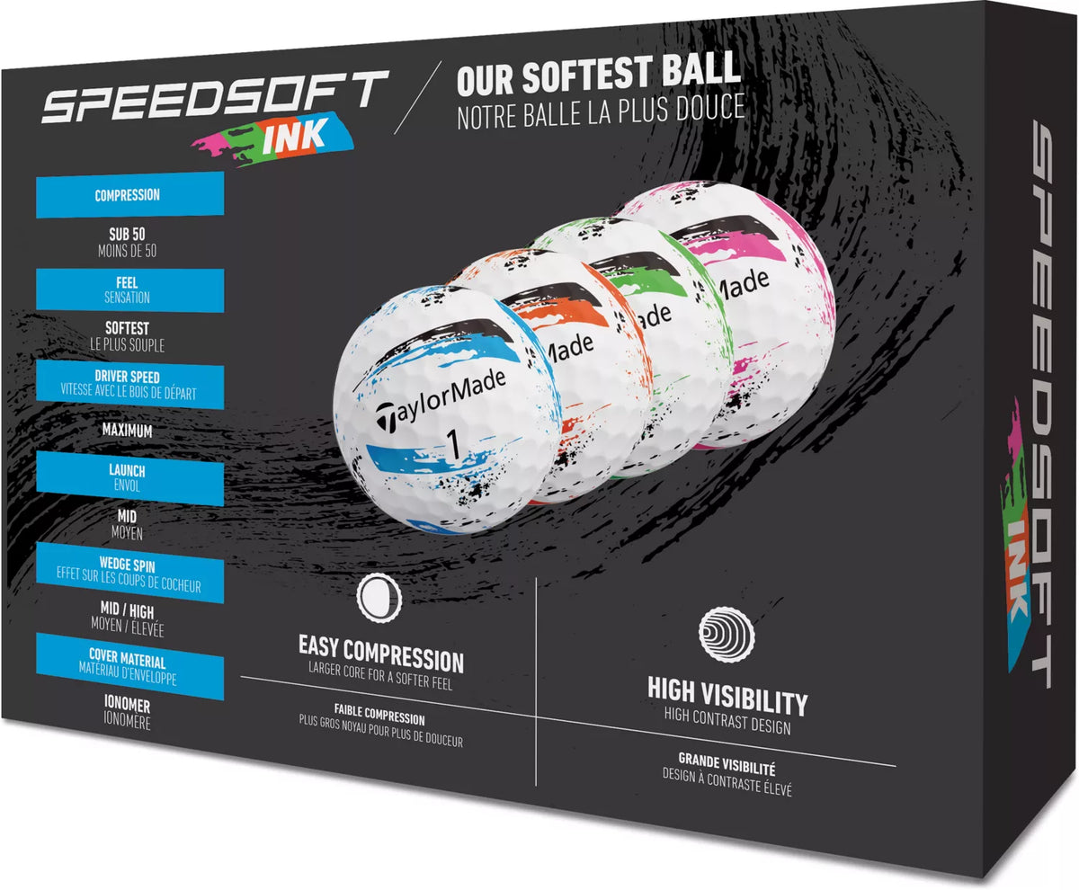 TaylorMade SpeedSoft golf balls with bright yellow and white design, shown in close-up on a golf course.