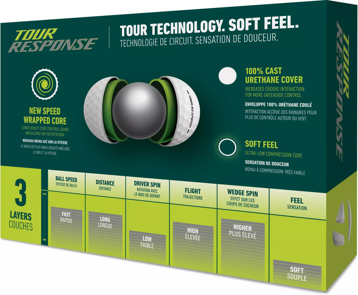 TaylorMade Tour Response golf balls with white covers and branding, designed for distance and control on the golf course.