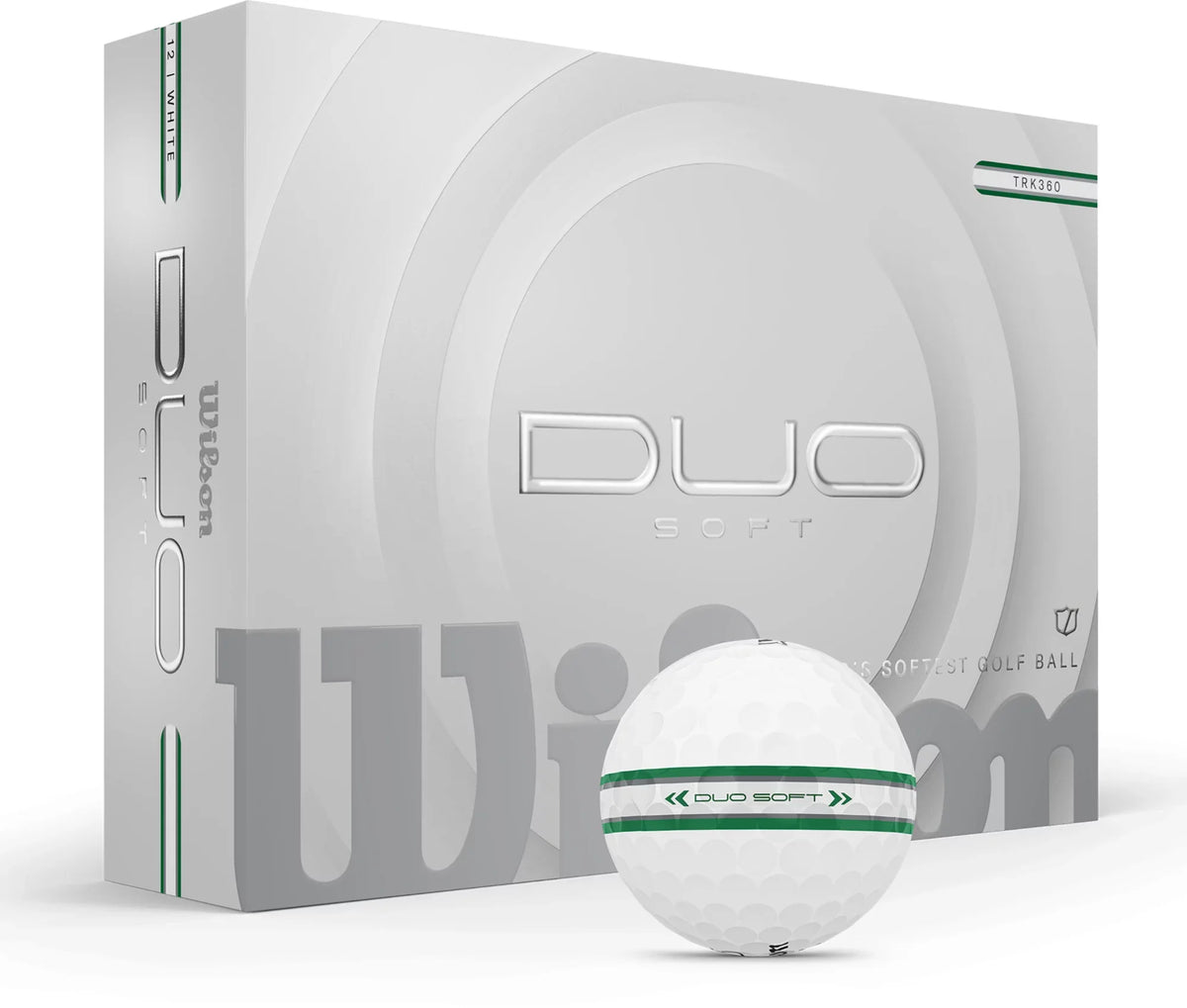 Wilson 2025 Duo Soft TRK360 golf balls, lightweight and soft feel, shown in a close-up image with multiple balls.