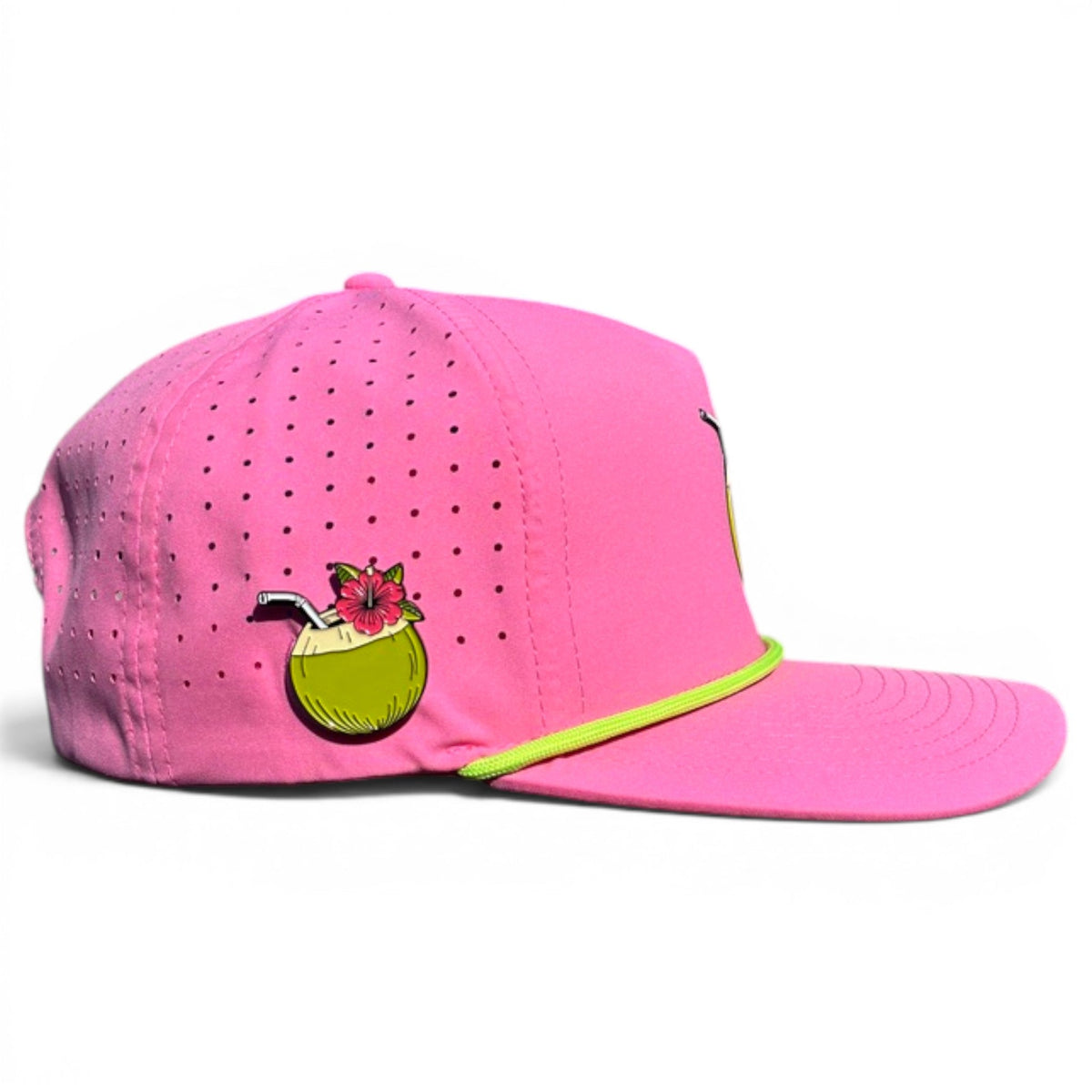 Logie Joe's Golf coconut cocktail-themed snapback hat with built-in magnetic ball marker holder and adjustable strap.