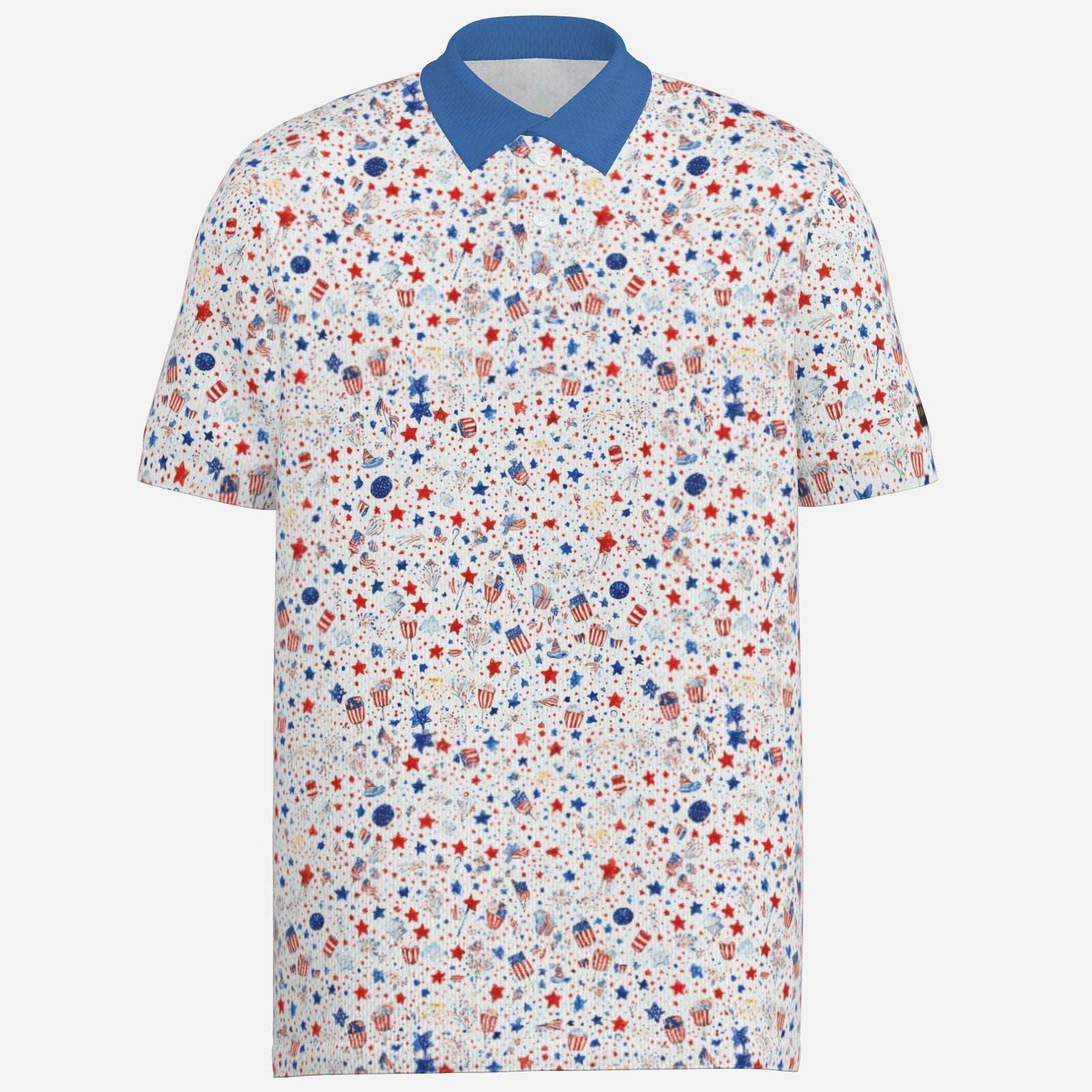 Men's 4th of July Party Performance Golf Polo by Iron Sight Golf, featuring patriotic red, white, and blue design with breathable fabric.