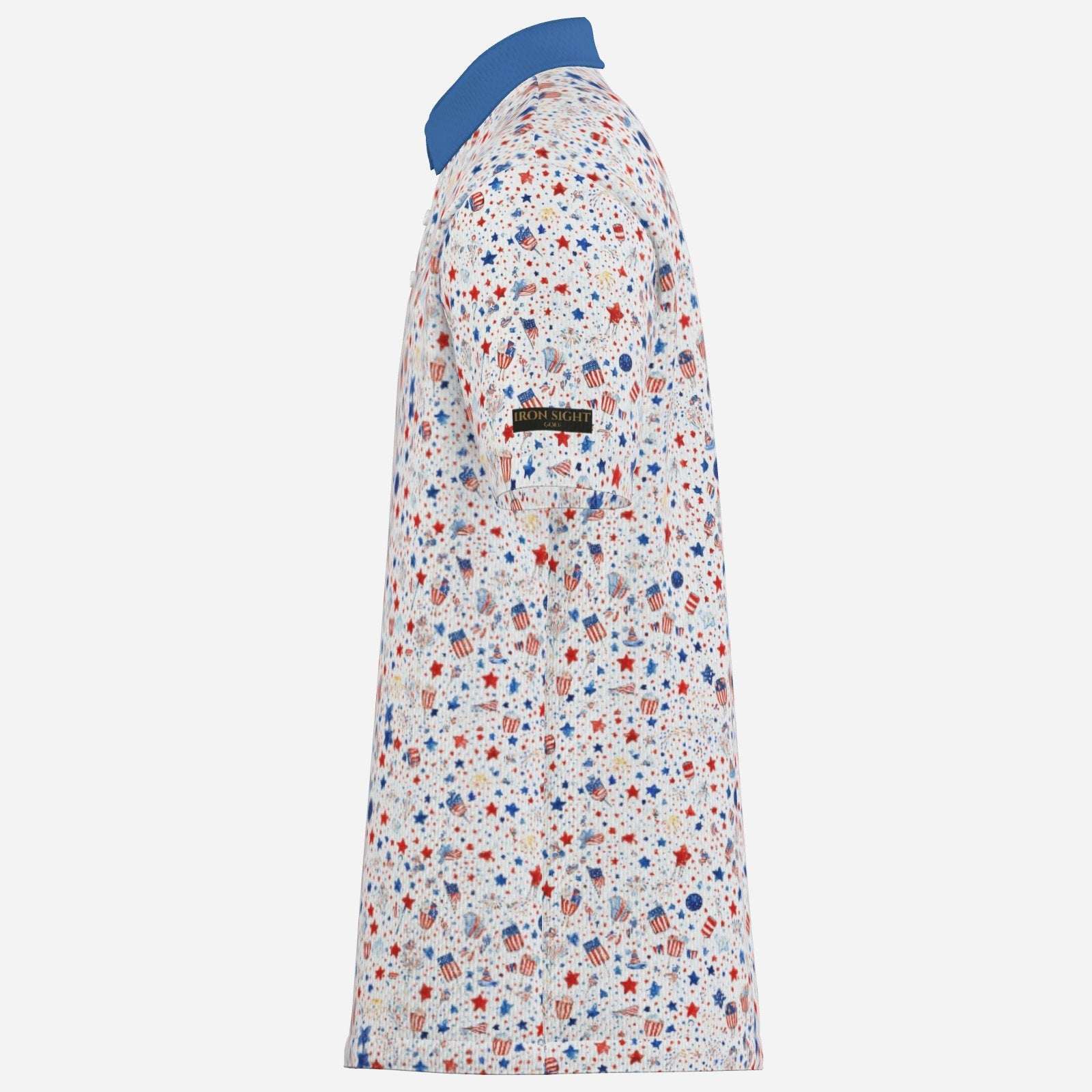 Men's 4th of July party golf polo by Iron Sight Golf, featuring patriotic red, white, and blue design with a collared style.