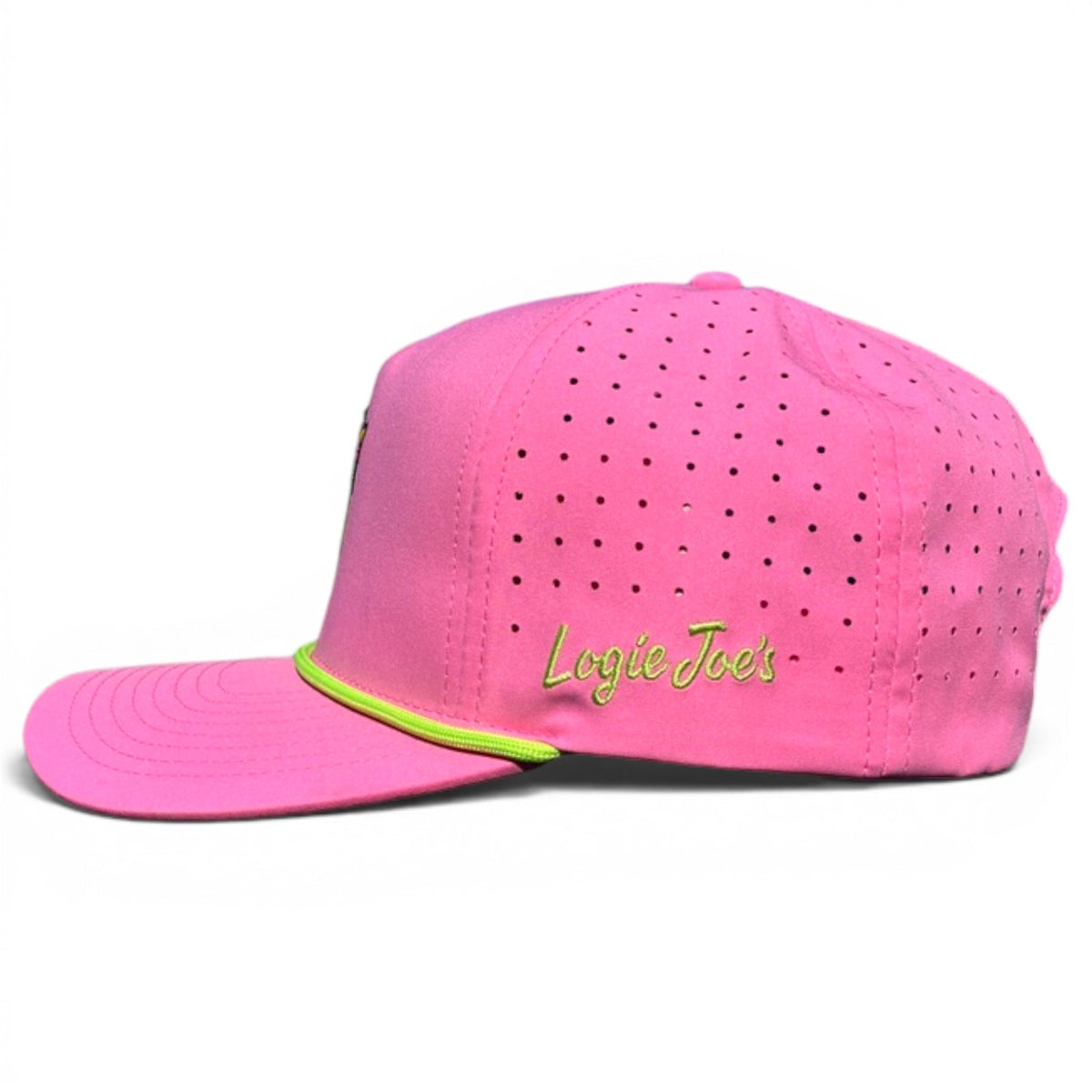 Logie Joe's Golf coconut cocktail-themed snapback hat with magnetic ball marker holder and adjustable strap, featuring vibrant coconut design.