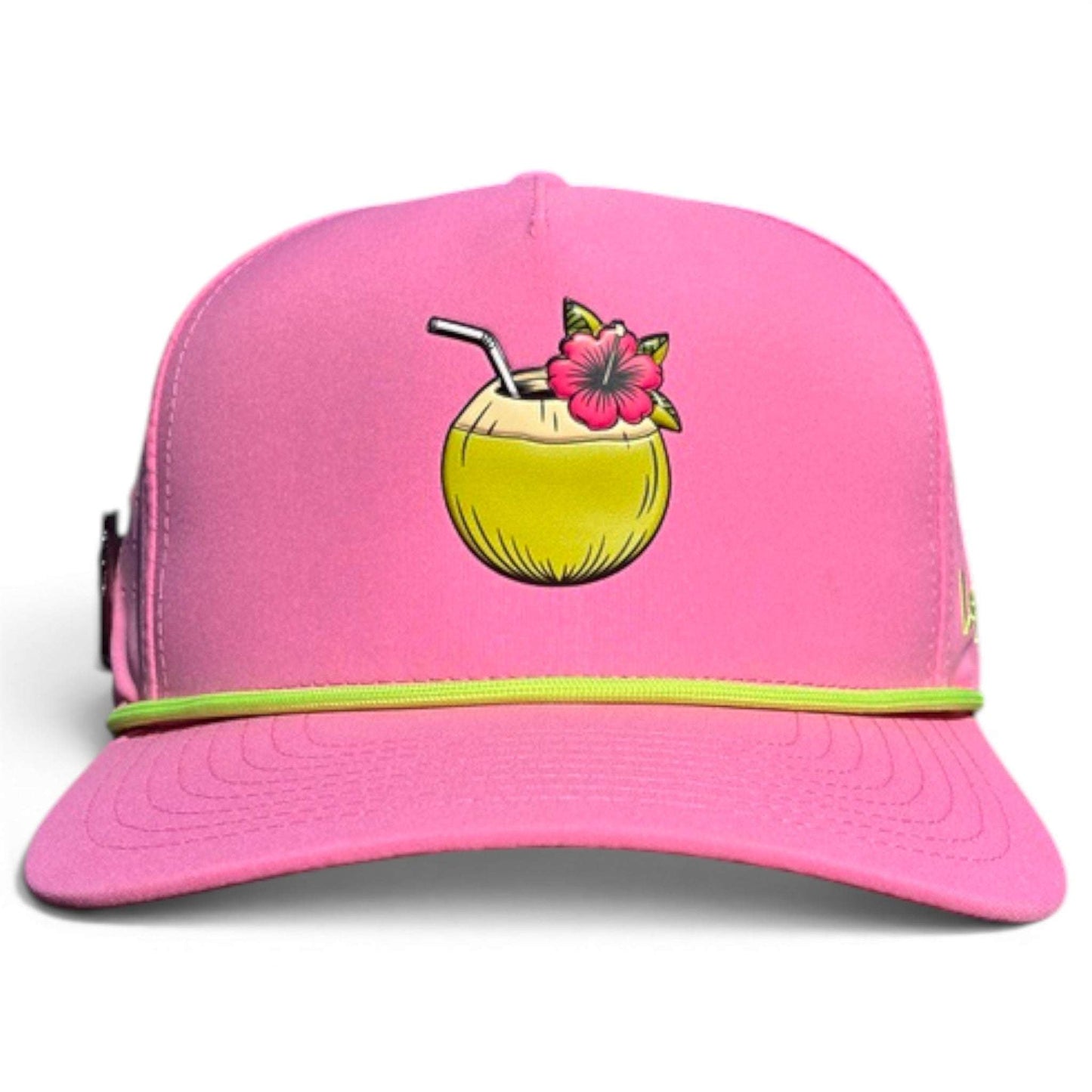 Logie Joe's Golf Coconut Cocktail snapback hat with magnetic ball marker holder, adjustable strap, featuring a coconut cocktail design.