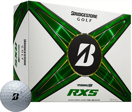 Bridgestone 2024 Tour B RXS golf balls displayed in a row, featuring the brand logo and sleek design for optimal performance.