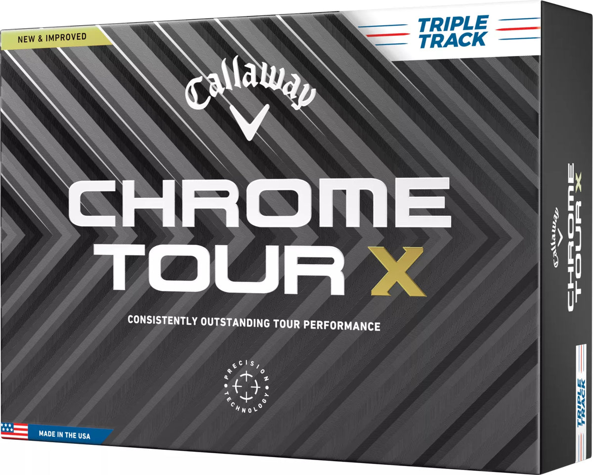 Callaway 2024 Chrome Tour X Triple Track golf balls with distinctive triple track design, shown in close-up on a white background.