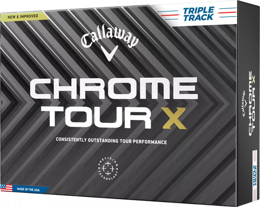 Callaway 2024 Chrome Tour X Triple Track golf balls with distinctive triple track design, shown in close-up on a white background.