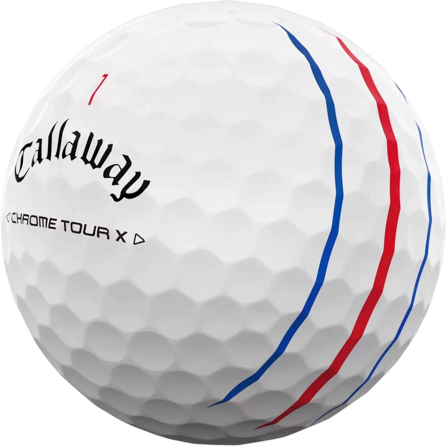 Callaway 2024 Chrome Tour X Triple Track golf balls with distinctive triple track design, placed on a white surface.