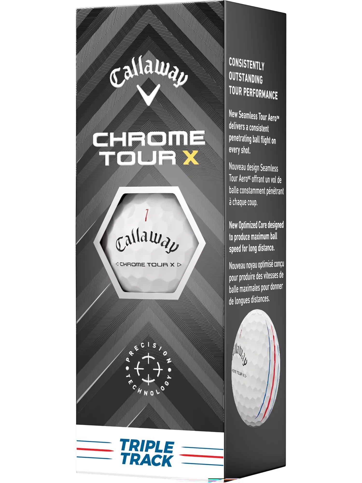 Callaway 2024 Chrome Tour X Triple Track golf balls with bright white surface and triple track alignment markings.