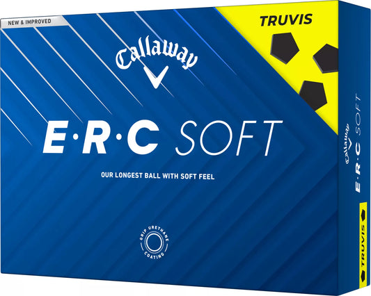 Callaway 2025 ERC Soft Truvis golf balls with vibrant red and black pattern, shown in a close-up shot on a golf course.