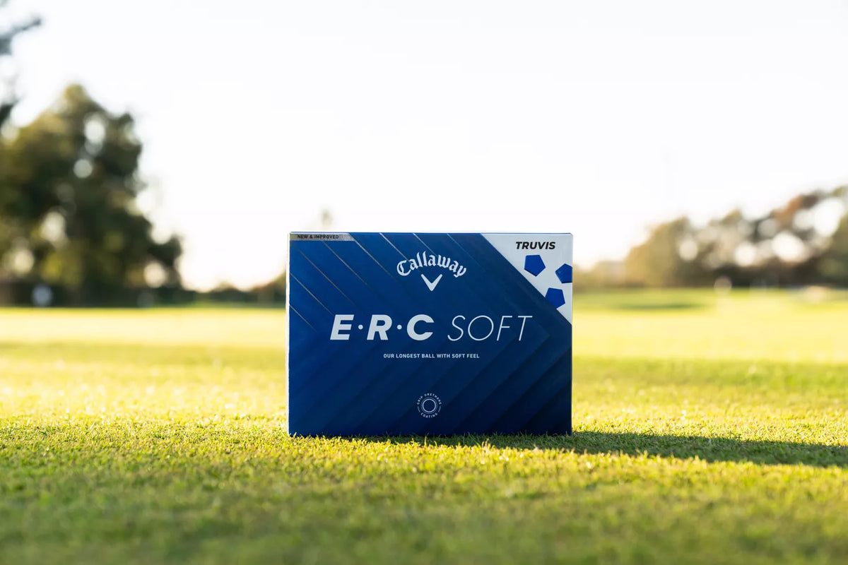 Callaway 2025 ERC Soft Truvis golf balls with vibrant red and black pattern, designed for distance and visibility on the course.