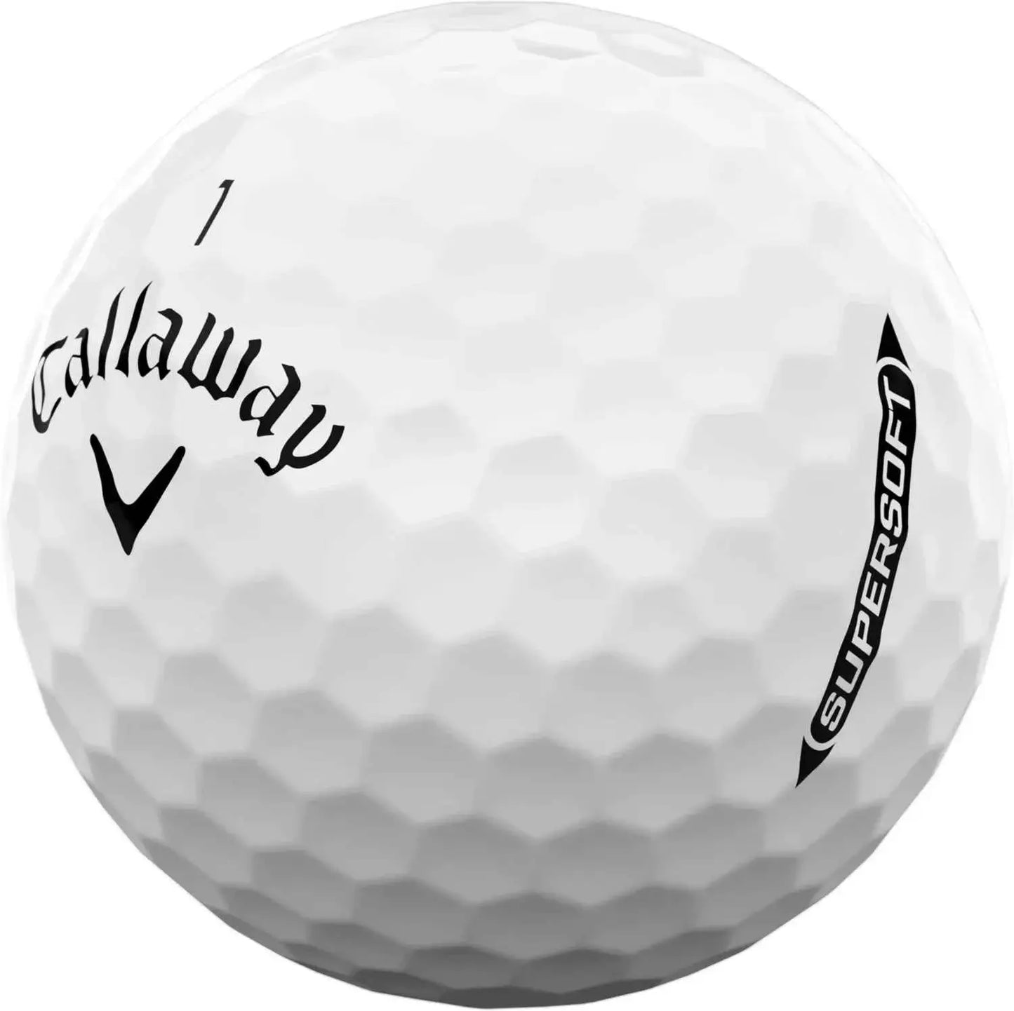 Callaway 2026 Supersoft golf balls from ParWestGolf, showing a close-up of the white golf balls with branding and design details.