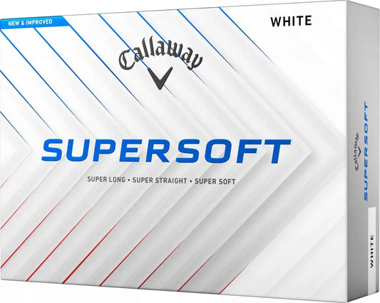 Callaway 2026 Supersoft golf balls from ParWestGolf, showing a close-up of the white golf balls with branding and soft surface.