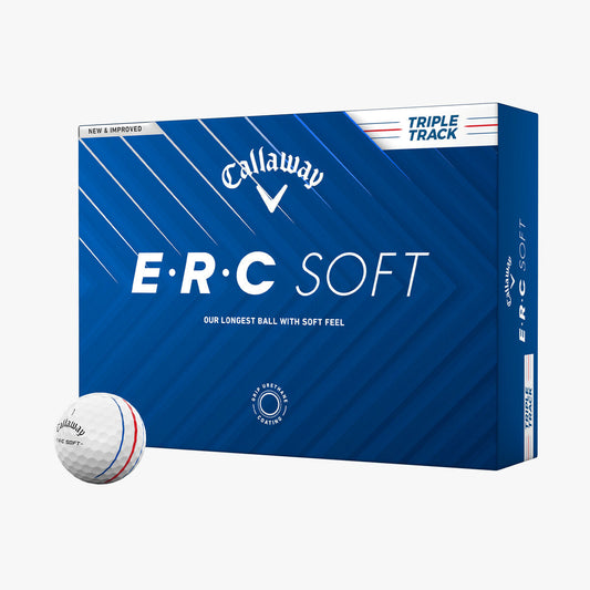 Callaway ERC Soft golf balls with Triple Track design, shown in a close-up image on a golf course.