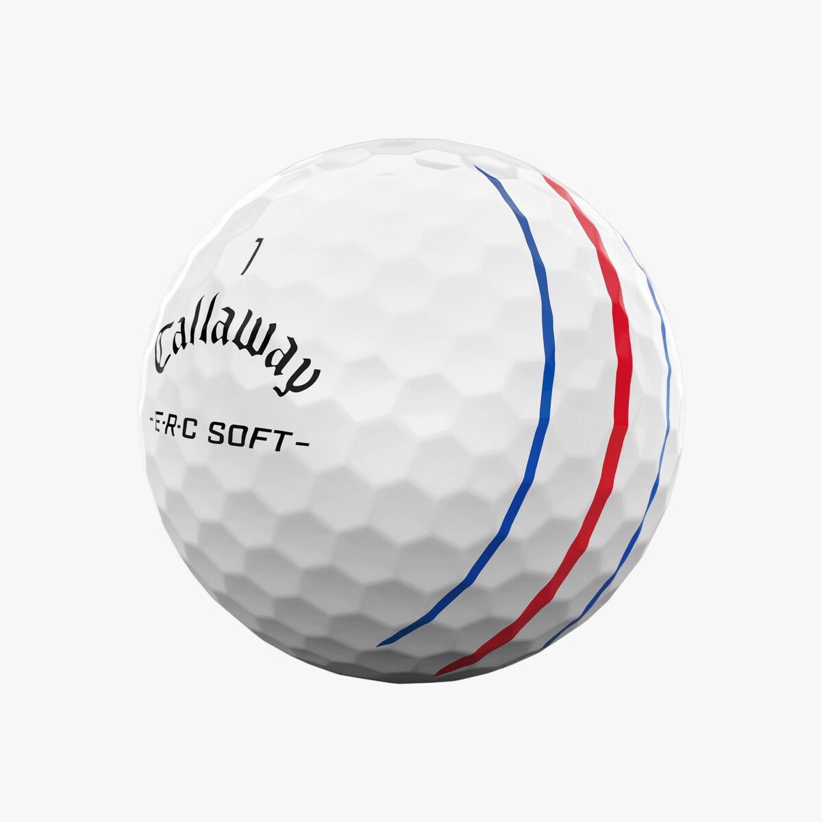 Callaway ERC Soft Triple Track golf balls on a tee, showing the white balls with red and black alignment lines for accurate putting.