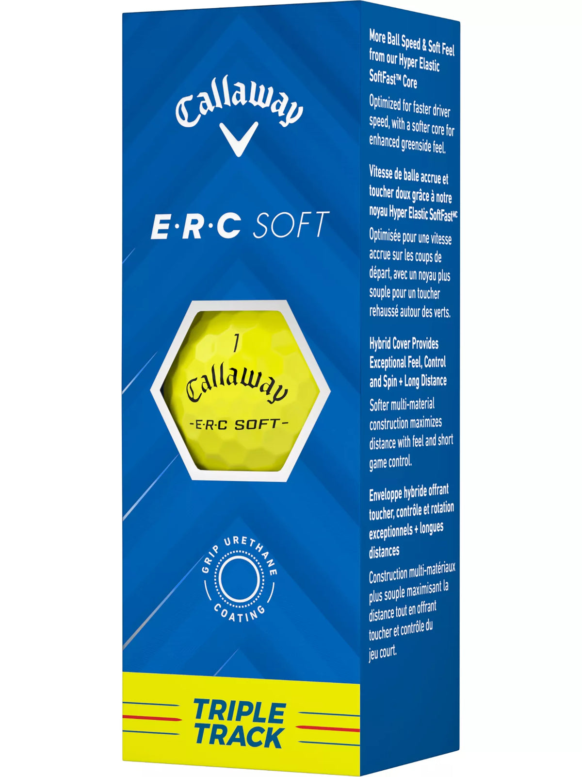 Callaway ERC Soft golf balls with Triple Track design, shown in close-up with vibrant white and green branding.