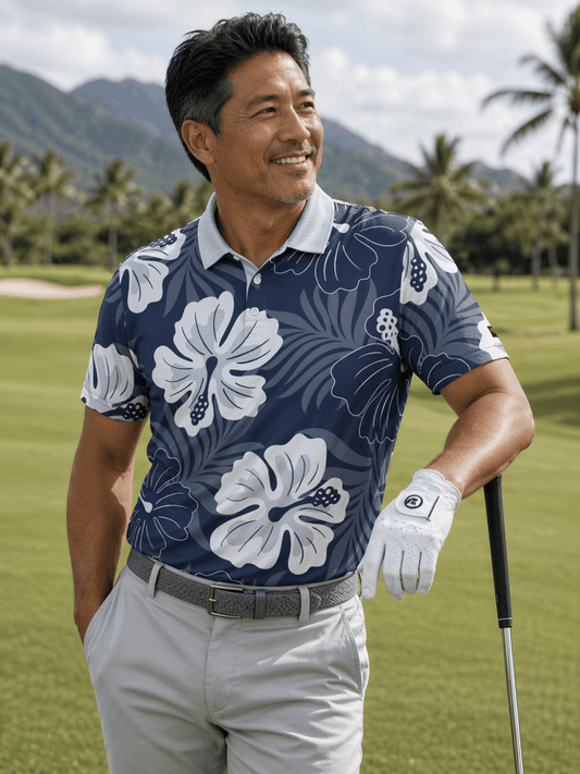 Men's Tropical Oasis performance golf polo by Iron Sight Golf featuring vibrant tropical print and breathable fabric for active wear.