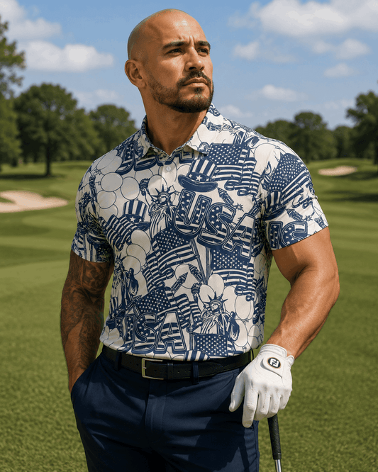 Men's USA Freedom Performance Golf Polo by Iron Sight Golf, featuring a comfortable fit and patriotic design for outdoor golf.