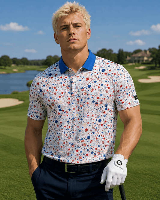 Men's 4th of July Party Performance Golf Polo by Iron Sight Golf, featuring patriotic red, white, and blue design with a collar and short sleeves.