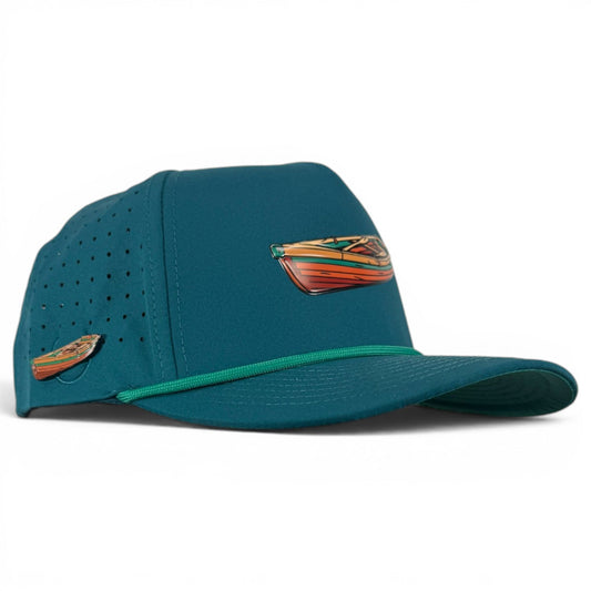 Driftwood golf hat by Logie Joe's Golf with snapback closure, magnetic ball marker holder, and teal wood design.
