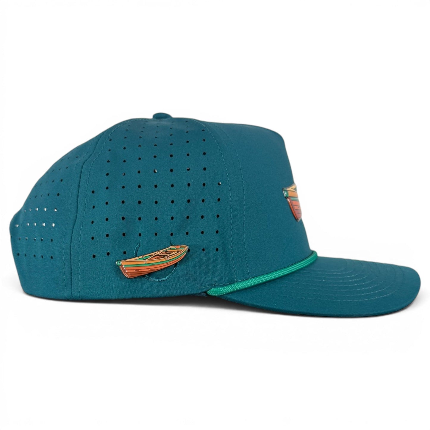 Driftwood golf hat by Logie Joe's Golf, adjustable snapback cap with built-in magnetic ball marker holder and teal wood boat design.