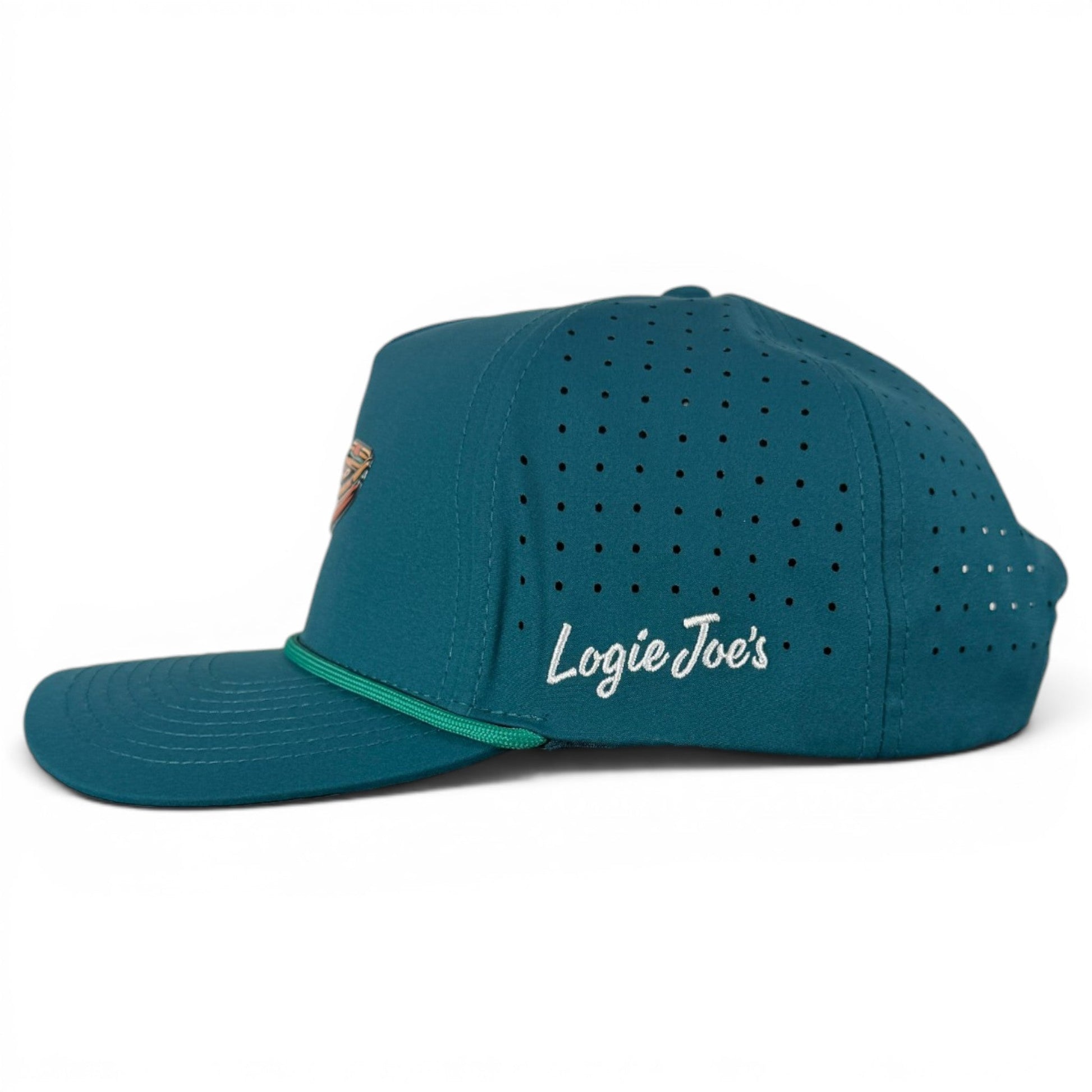 Driftwood teal snapback golf hat by Logie Joe's Golf with built-in magnetic ball marker holder and adjustable strap.