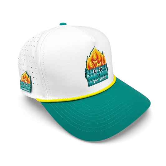 Logie Joe's Golf Dumpster Fire snapback hat in white and teal with magnetic ball marker holder and adjustable strap