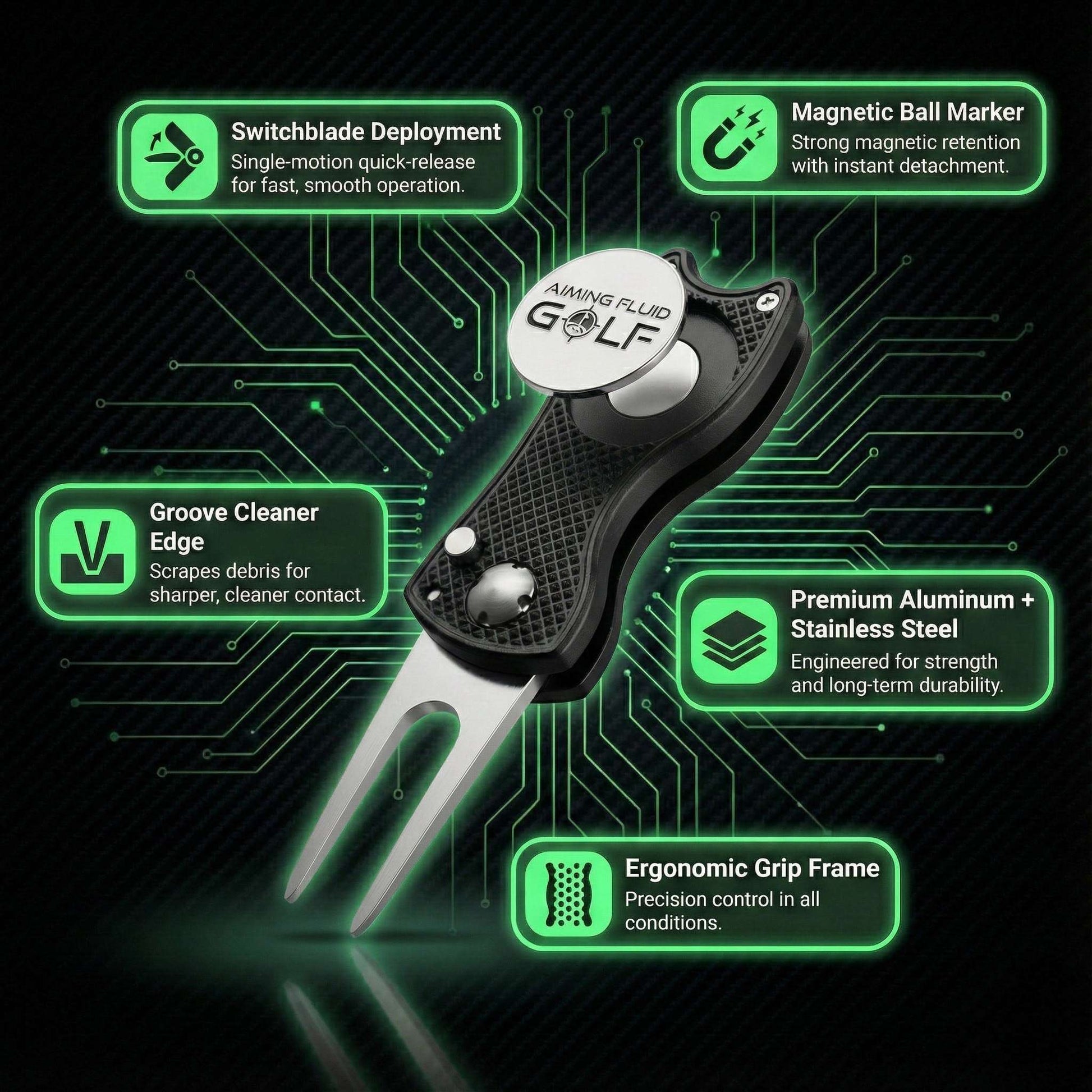 Foldable metal divot tool by Aiming Fluid Golf with ergonomic handle and compact design for golf course repair.