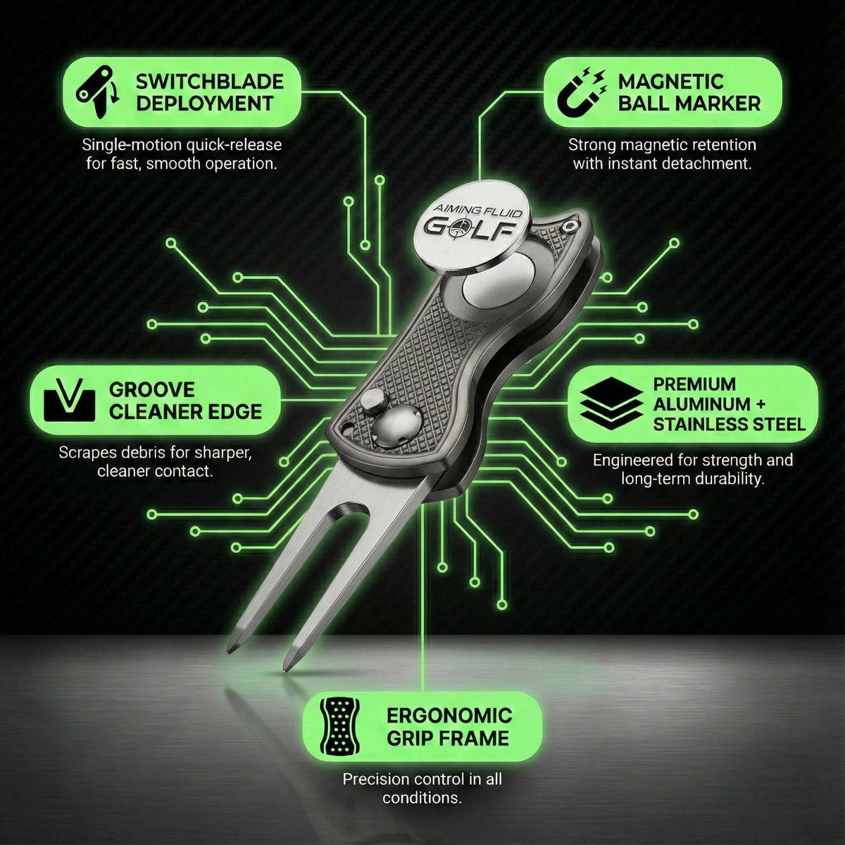 Foldable metal divot repair tool from Aiming Fluid Golf, featuring a compact design with a sturdy metal construction.