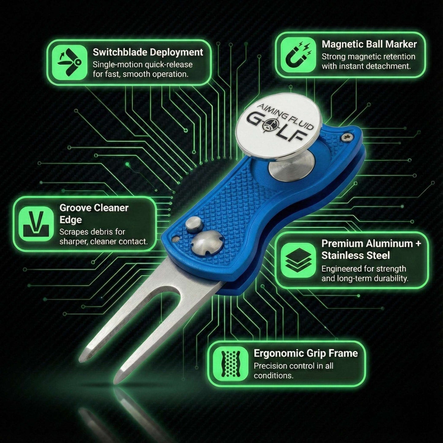 Foldable metal divot tool from Aiming Fluid Golf with a sleek design, ideal for repairing golf course turf.