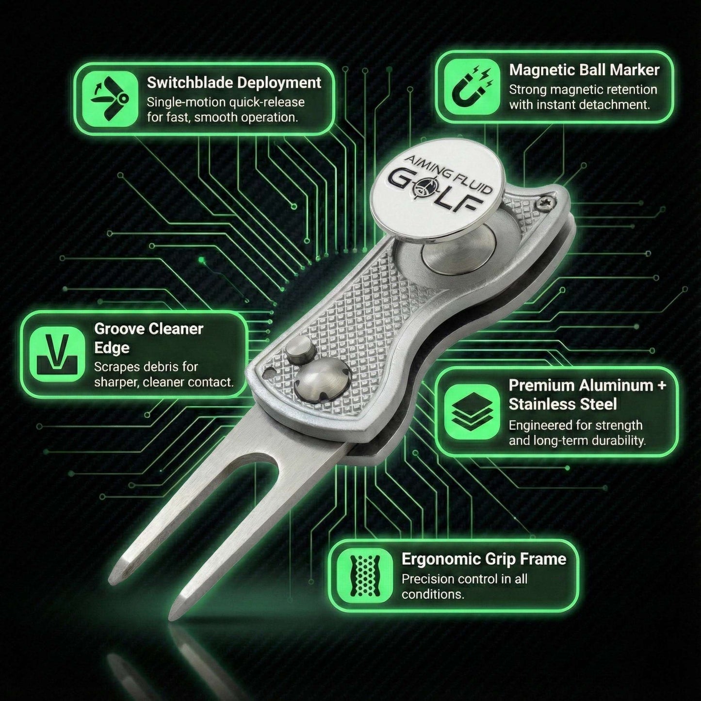 Foldable metal divot tool from Aiming Fluid Golf with a sleek, compact design for golf course repair.