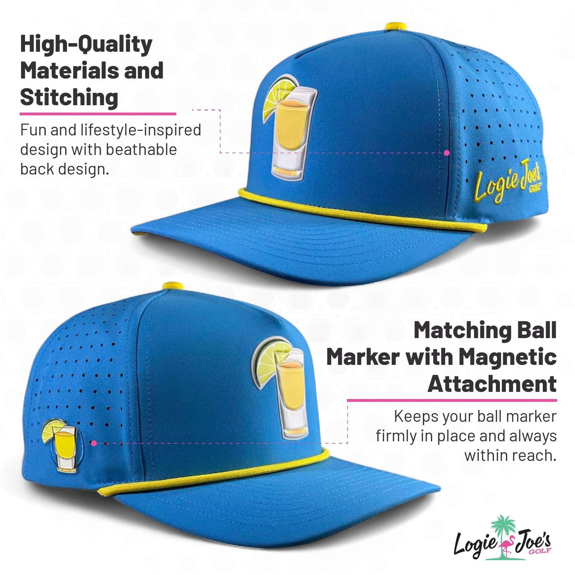 Logie Joe's Golf Breakfast Ball snapback hat with built-in magnetic ball marker holder and adjustable strap, tan color.