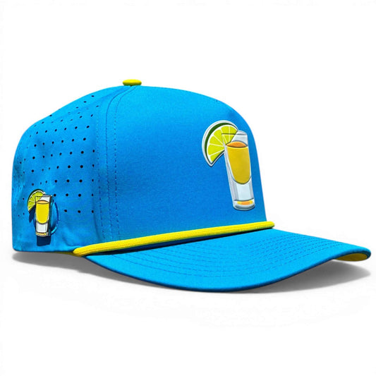 Logie Joe's Golf Tequila and Lime themed snapback hat with magnetic ball marker holder and shot glass, adjustable for a comfortable fit.