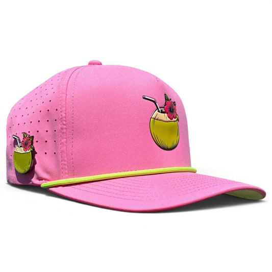 Logie Joe's Golf coconut cocktail snapback hat with built-in magnetic ball marker holder and adjustable strap.