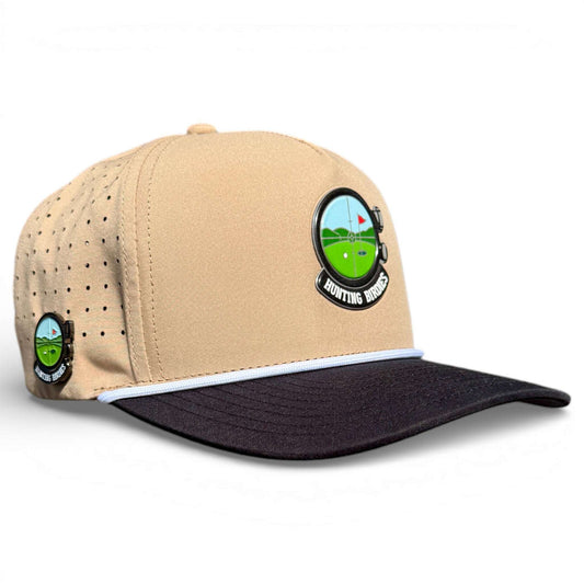Logie Joe's Golf hunting birdies snapback hat in tan and black with built-in magnetic ball marker holder and included marker.