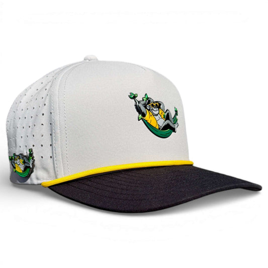 Logie Joe's Golf Banana Hammock Snapback Hat with built-in magnetic ball marker holder and adjustable fit, one size.
