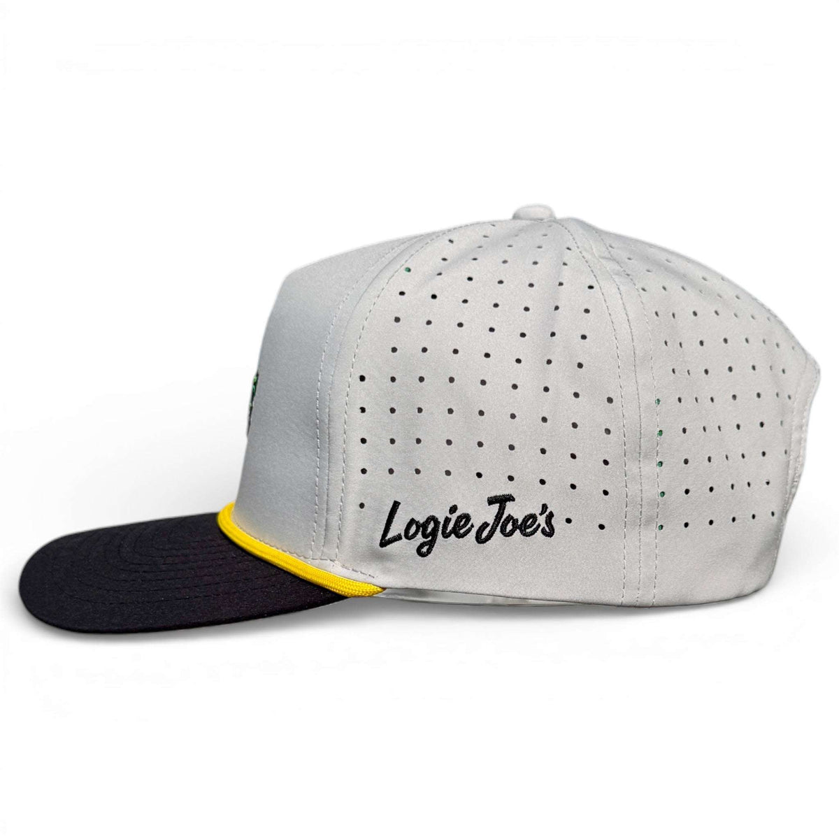 Logie Joe's Golf Banana Hammock snapback hat with built-in magnetic ball marker holder, adjustable strap, and included marker.