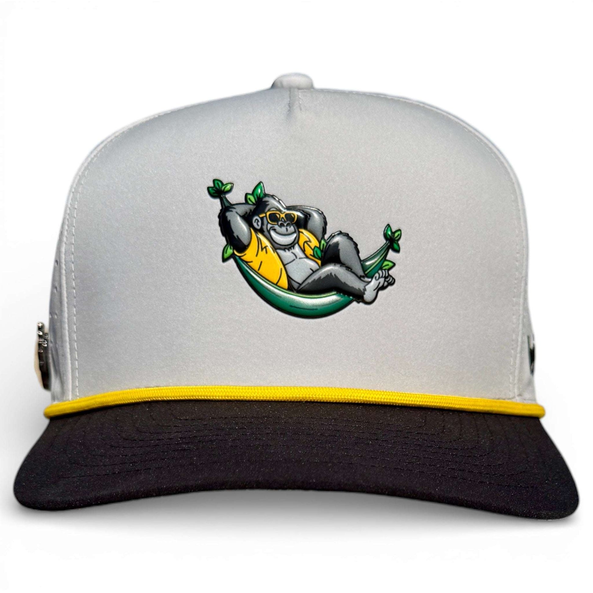 Logie Joe’s Golf Banana Hammock snapback hat with built-in magnetic ball marker holder, adjustable fit, and included marker.
