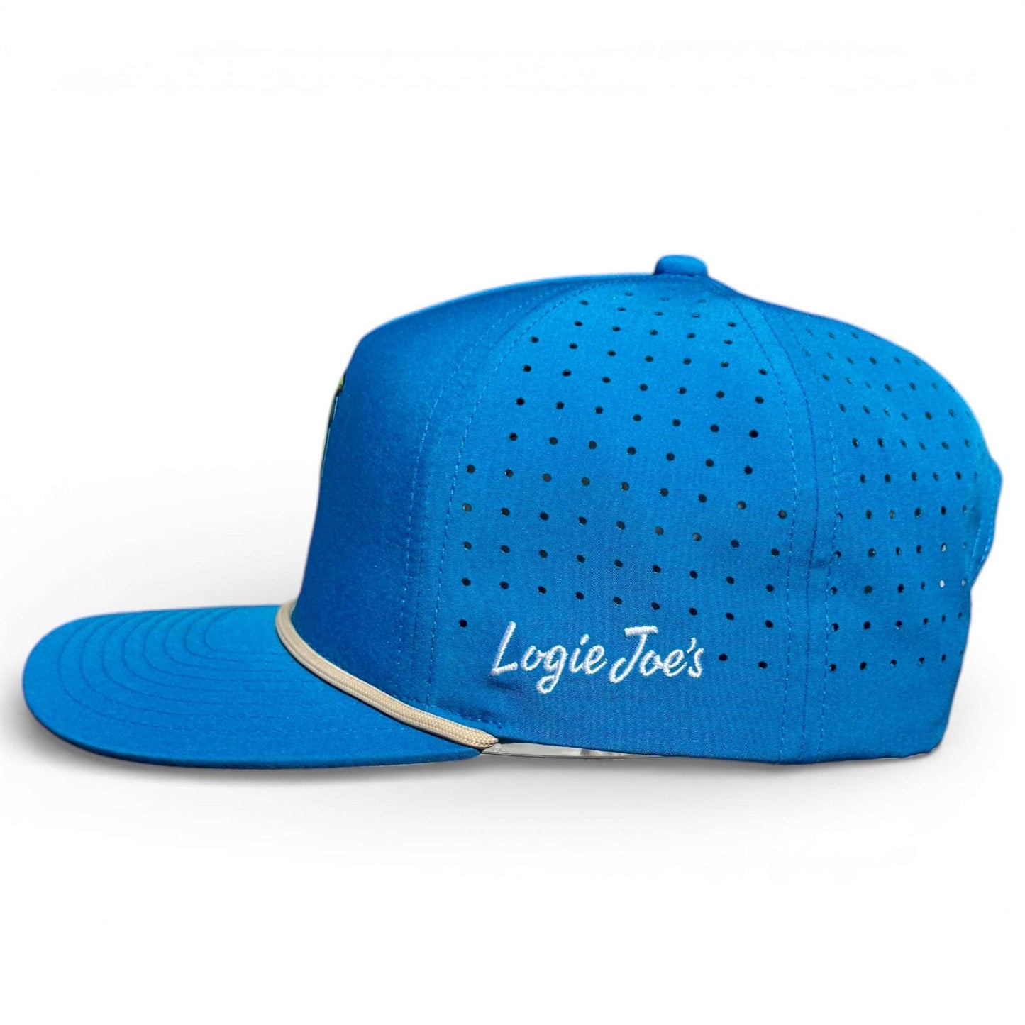 Logie Joe's Golf Fairway Palms snapback hat with magnetic ball marker holder, adjustable fit, featuring a built-in ball marker and stylish design.
