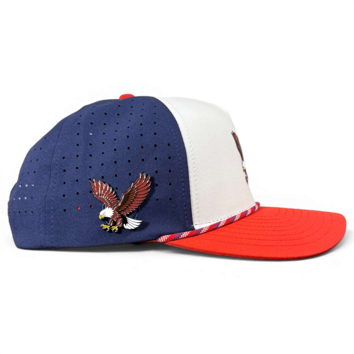 Logie Joe's Golf Freedom Flight snapback hat with adjustable fit, USA eagle design, built-in magnetic ball marker holder, and included marker.
