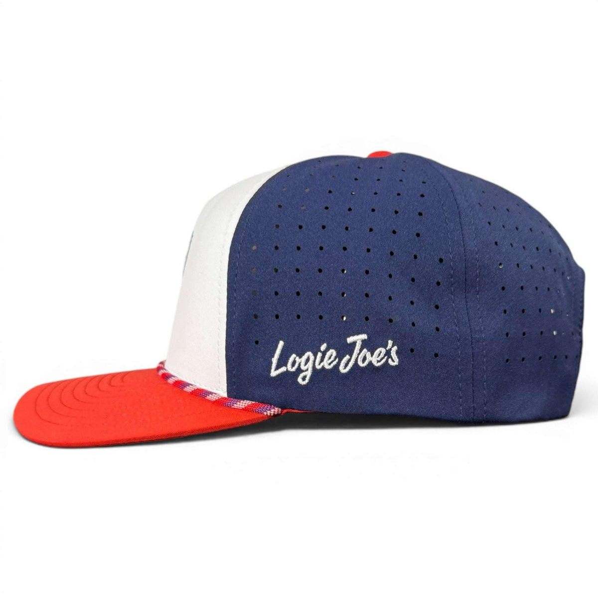 Freedom Flight golf hat by Logie Joe's Golf, adjustable snapback cap with built-in magnetic ball marker holder and USA eagle design.