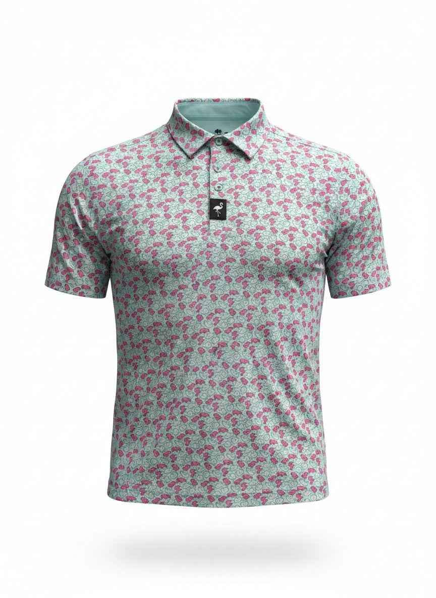 Men's Frosted Animal Cookies golf polo by Logie Joe's Golf, featuring moisture-wicking performance stretch fabric, displayed on a ghost mannequin.