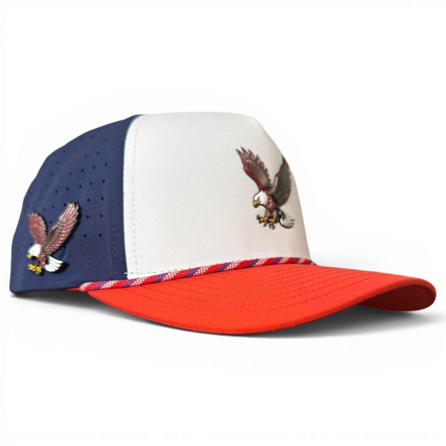 Freedom Flight golf hat by Logie Joe's Golf, adjustable snapback cap with built-in magnetic ball marker holder and USA eagle design.