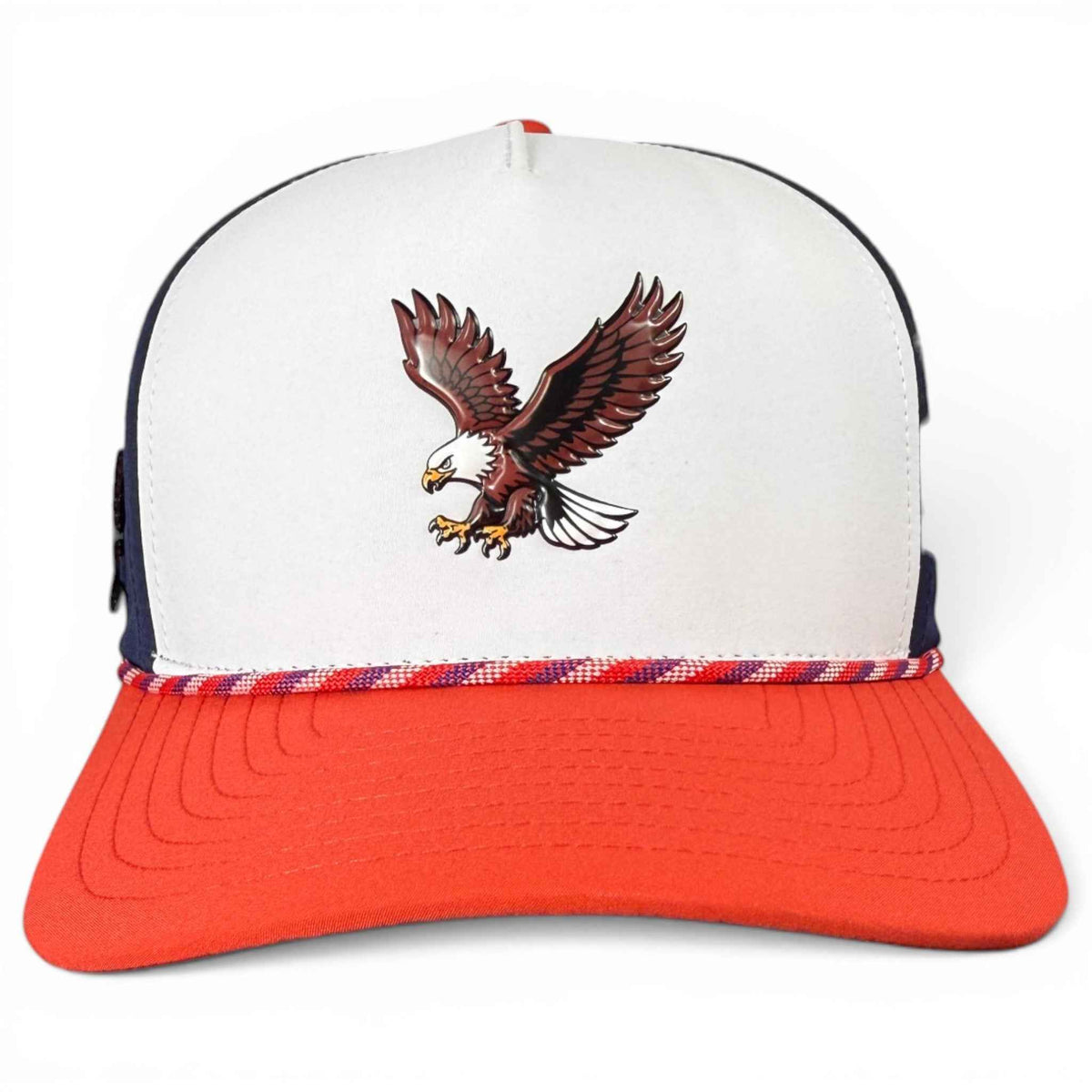 Freedom Flight golf hat by Logie Joe's Golf, red, white, blue snapback cap with built-in magnetic ball marker holder and adjustable fit.