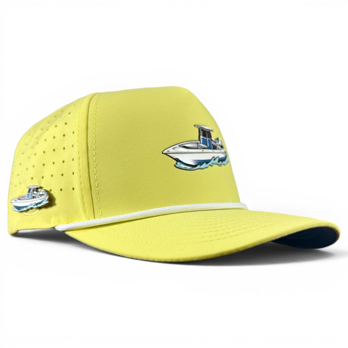 Logie Joe's Golf Motor Boatin' snapback hat with built-in magnetic ball marker holder and adjustable fit, designed for boaters.