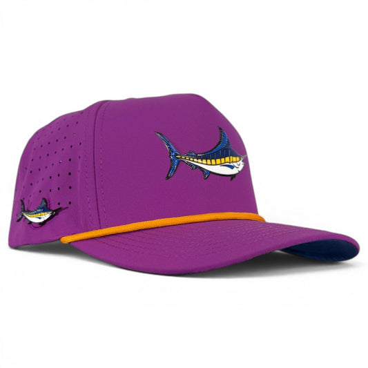Marlin Golf Hat by Logie Joe's Golf, adjustable purple snapback cap with built-in magnetic ball marker holder and included marker.