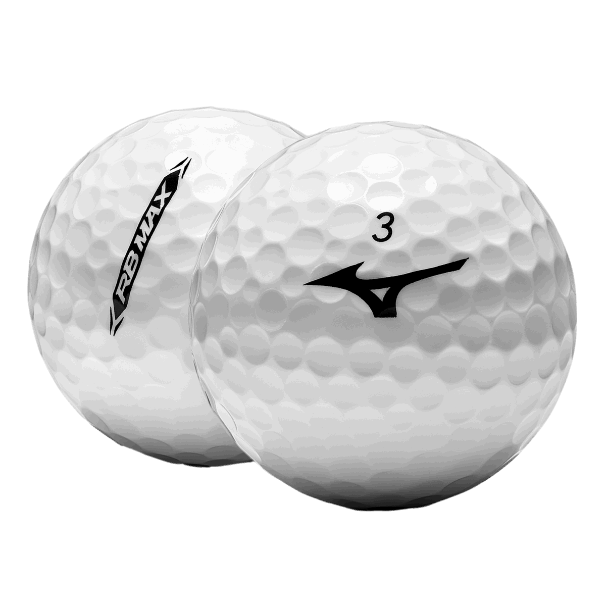 Mizuno RB MAX golf balls with white and red branding, shown on a golf course background, designed for optimal performance.